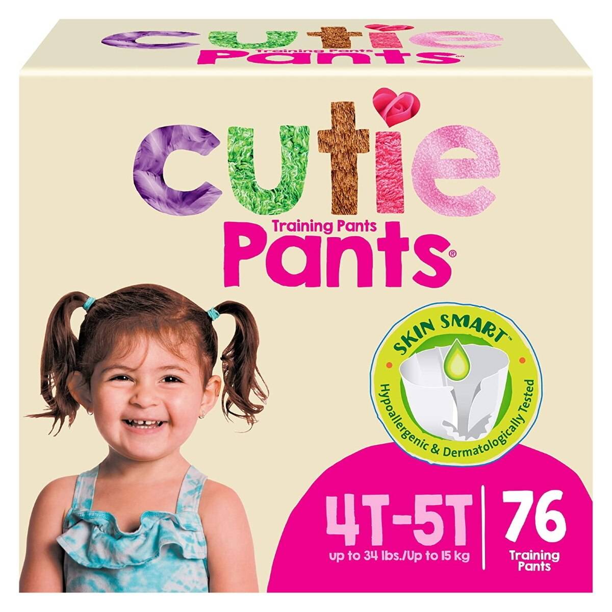 A box of First Quality Cutie Training Pants, Girls, 4T/5T (up to 34 lbs/15 kg), features a smiling girl, 76 premium pants, and a green Skin Smart hypoallergenic liner label.
