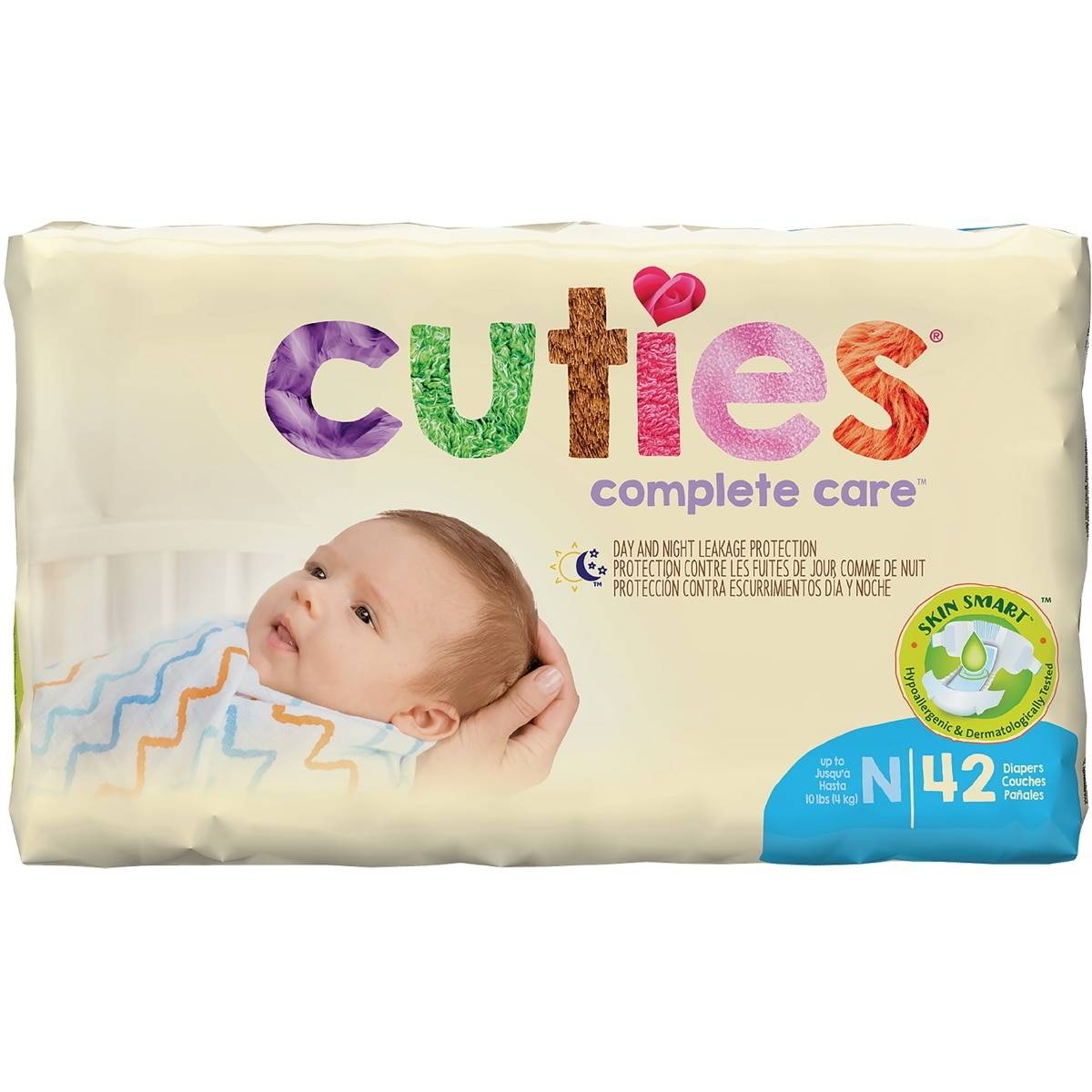 A 42-count pack of First Quality Cuties Complete Care Baby Diapers, Newborn size, offers ultra-absorbency, day and night leak protection, and skin-smart features.