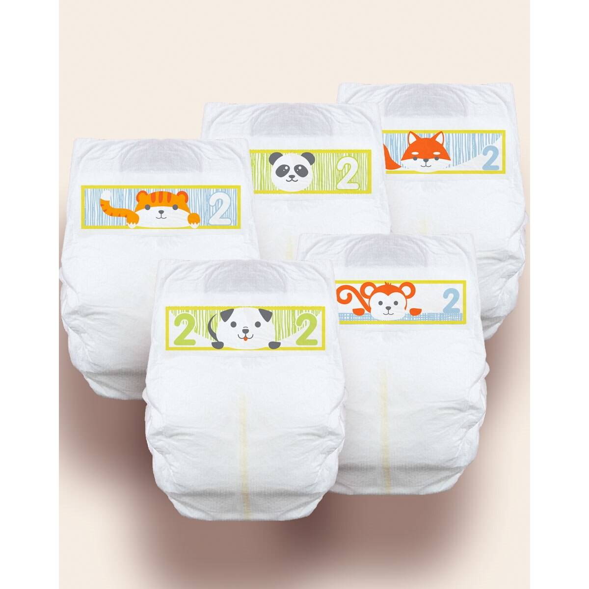 Five First Quality Cuties Complete Care Baby Diapers, Size 2, stand upright with colorful animal prints and a large number 2. These diapers offer fun designs and reliable leakage protection with an ultra-absorbent core.