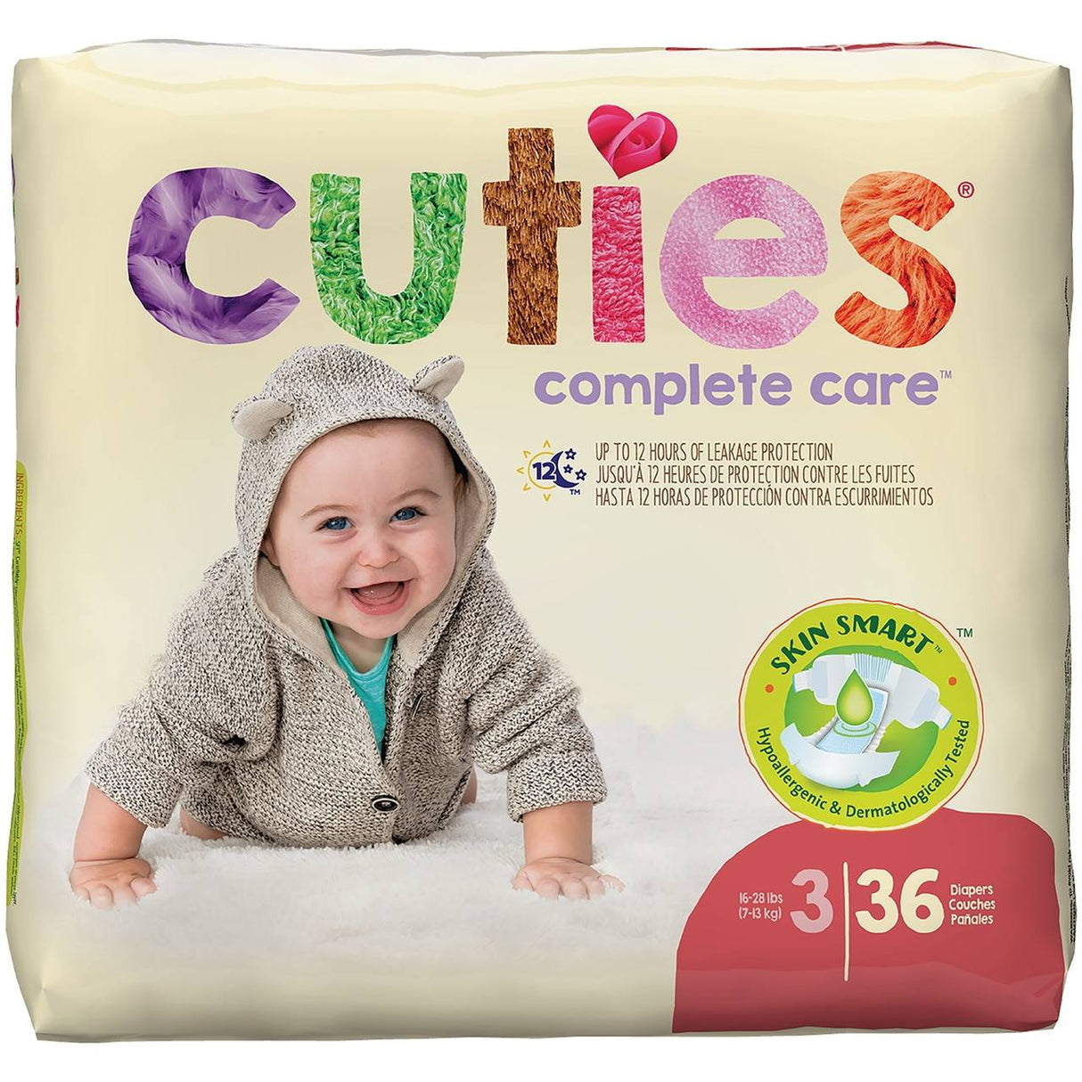 A 36-count pack of First Quality Cuties Complete Care Baby Diapers, Size 3, offers an ultra-absorbent core, hypoallergenic materials, and reliable leakage protection. The pack features a baby in a gray bear hoodie crawling on a white surface.
