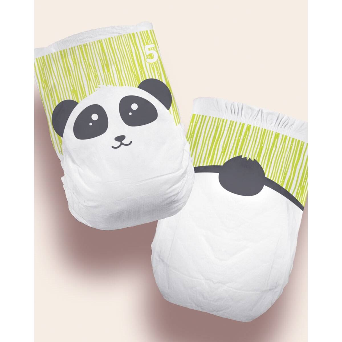 Two ultra-absorbent First Quality Cuties Complete Care Baby Diapers, Size 5, with green and white striped tops—one shows a cute panda face, the other its back. Both offer excellent leakage protection and display the number 5 for size.