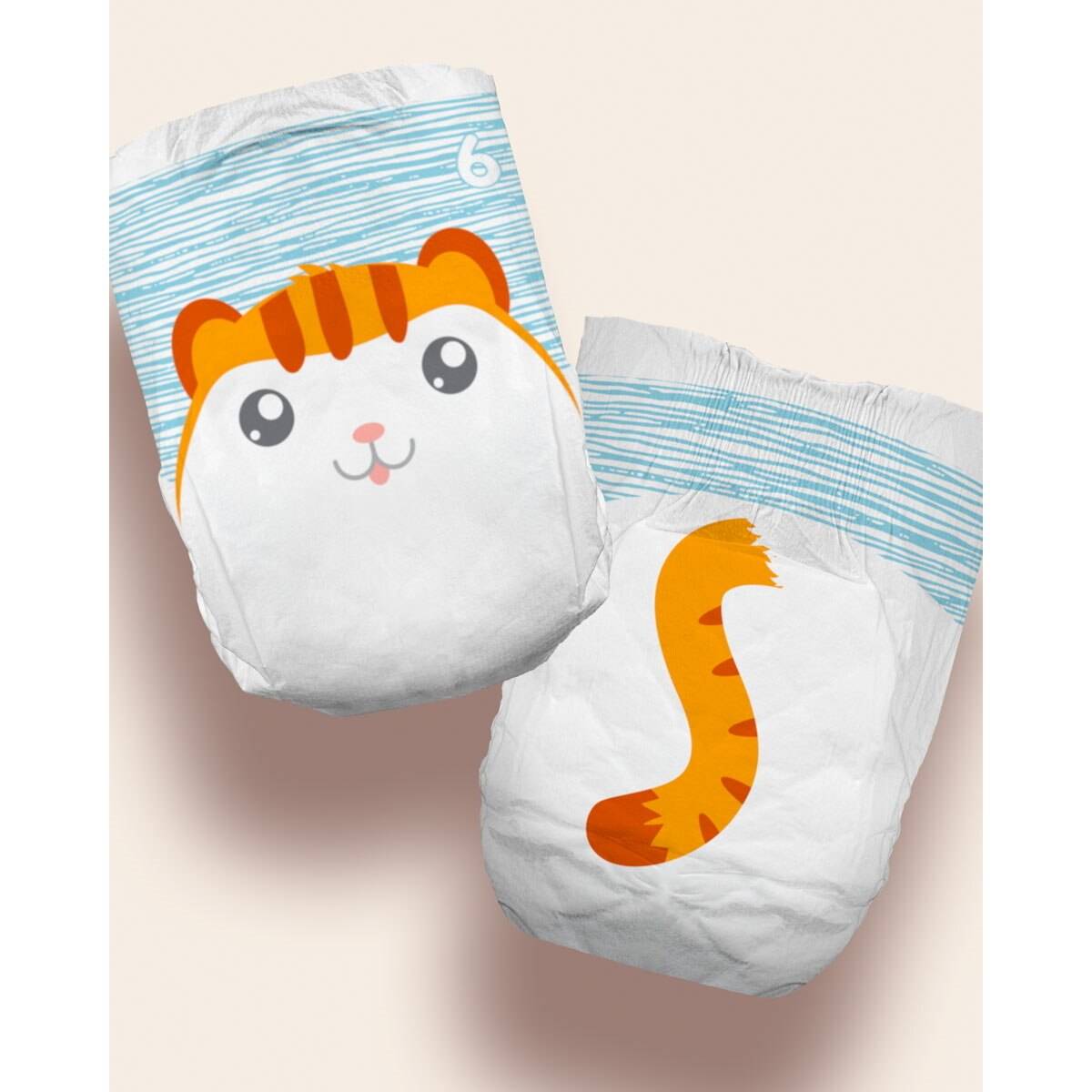 Two First Quality Cuties Complete Care Baby Diapers, Size 6, are shown: one with a cartoon cat face, the other with an orange striped tail. Both have blue lines at the top and provide ultra-absorbent leakage protection for your child.