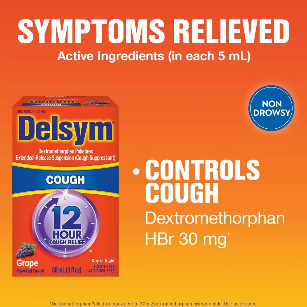 Delsym Extended - Release 12 Hour Cough Relief Liquid, Grape, 3 fl oz - 63824017163 - LL Medico