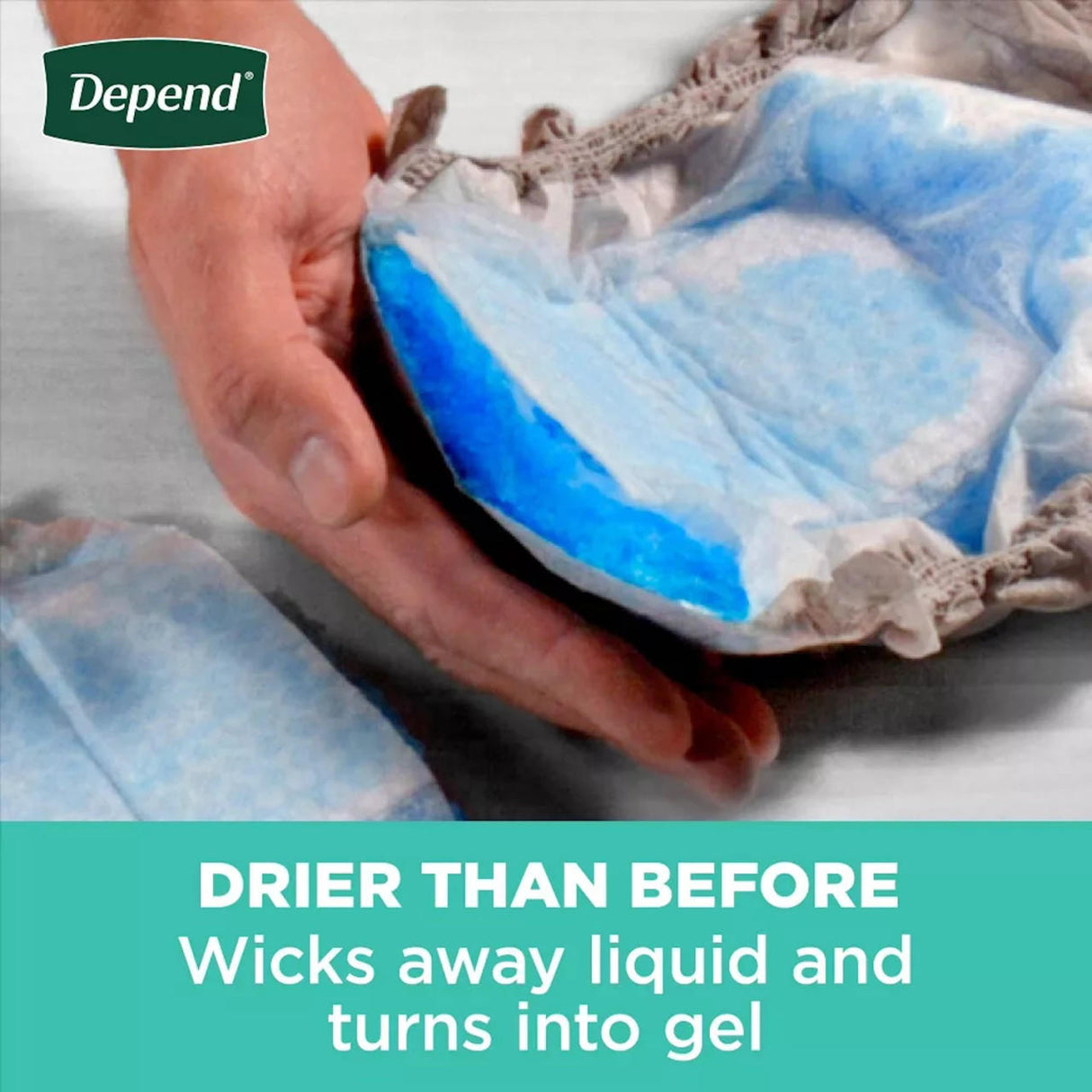 A hand holds a blue Depend Womens Silhouette Incontinence Underwear with gel inside. Text: DRIER THAN BEFORE. Wicks away liquid, turning it to gel. Depend logo shown top left.