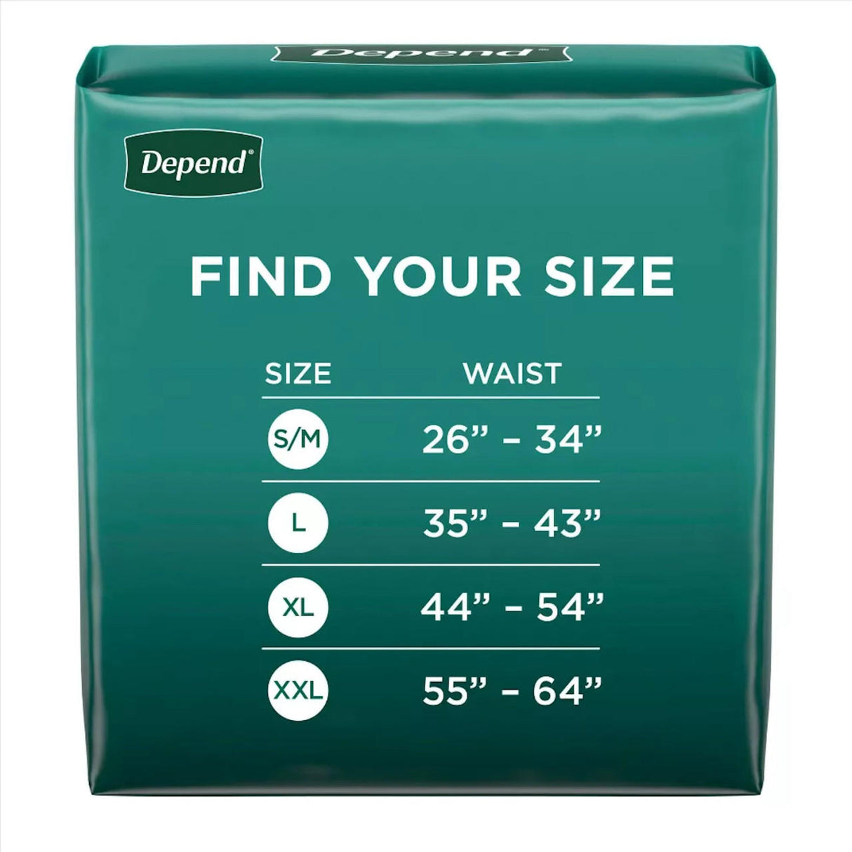 A green package of Depend Fresh Protection Underwear for Men, Maximum, shows a size guide—S/M 26”-34”, L 35”-43”, XL 44”-54”, XXL 55”-64”—with “FIND YOUR SIZE” above the chart for these maximum absorbency briefs.