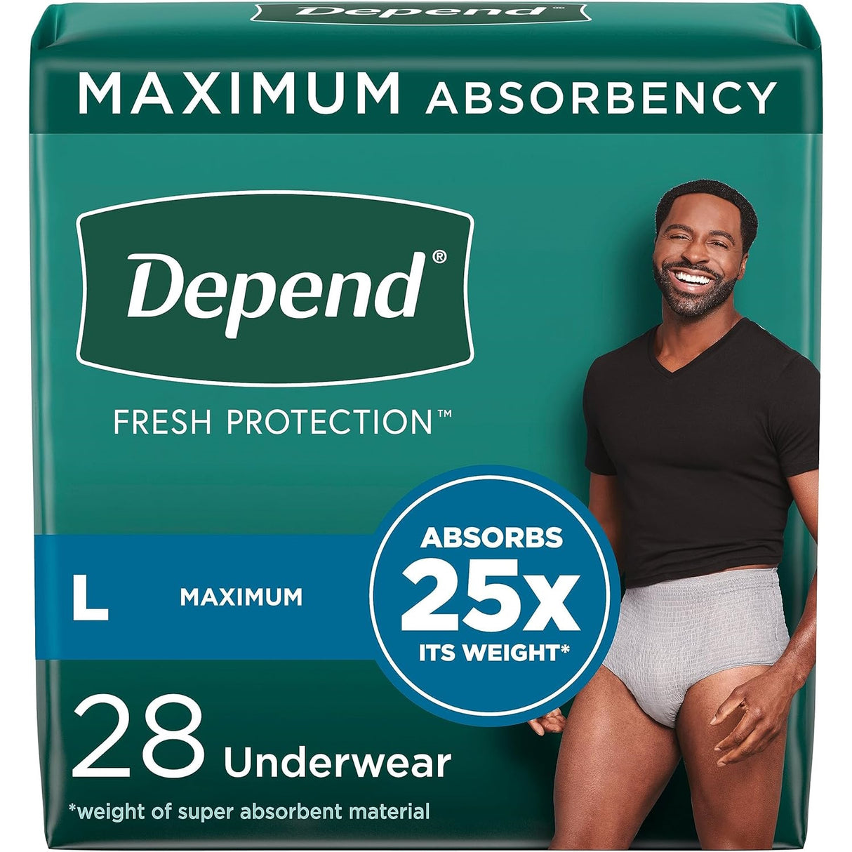 Depend Fresh Protection Underwear for Men, Maximum absorbency, size large, 28 count. Features a smiling man wearing the briefs and a blue-and-white circle with Absorbs 25x its weight*. Brand: Depend.