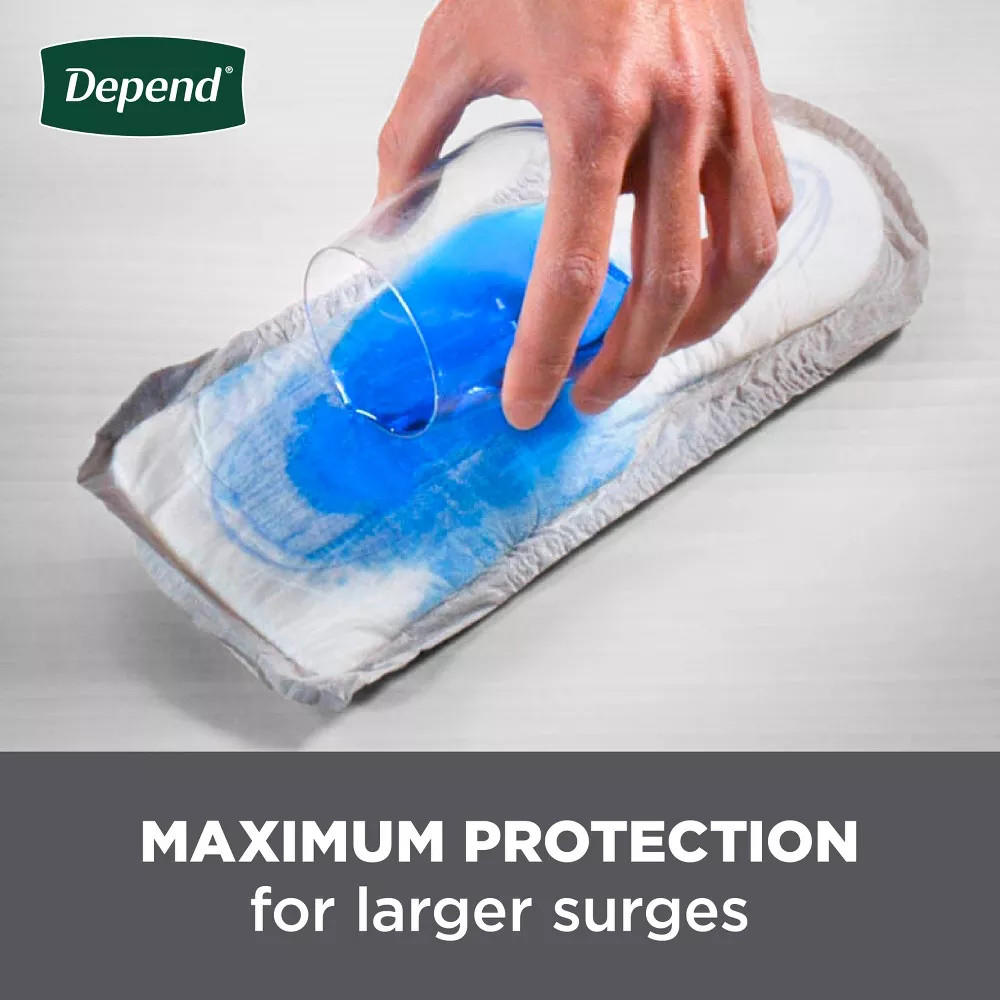 A hand pours blue liquid onto a Depend Incontinence Guard for Men, showcasing its absorbency. Text: Depend Incontinence Guards for Men—MAXIMUM PROTECTION for larger surges and reliable incontinence protection.