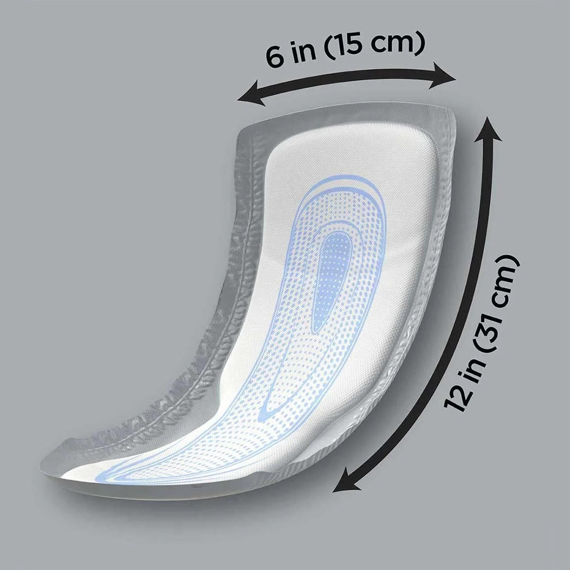 Depend Incontinence Guards for Men by Depend are shown on a gray background with black arrows indicating their size: 6 inches (15 cm) wide and 12 inches (31 cm) long, emphasizing absorbent protection for men.
