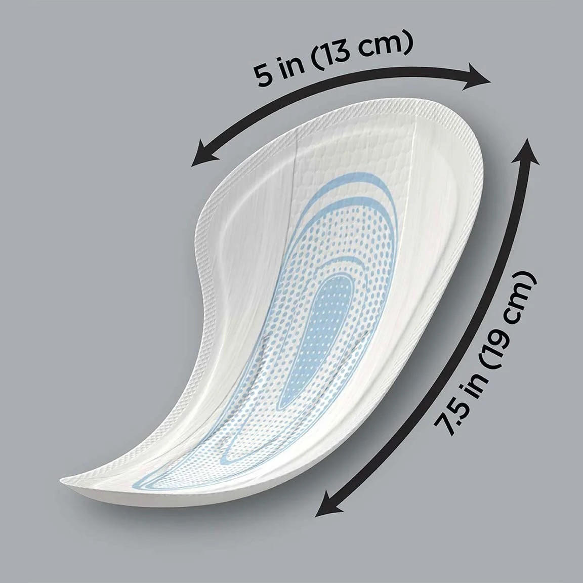 A curved Depend Incontinence Shields for Men by Depend is displayed on a gray background, featuring blue absorbent zones and arrows showing its dimensions: 5 inches (13 cm) wide and 7.5 inches (19 cm) long.