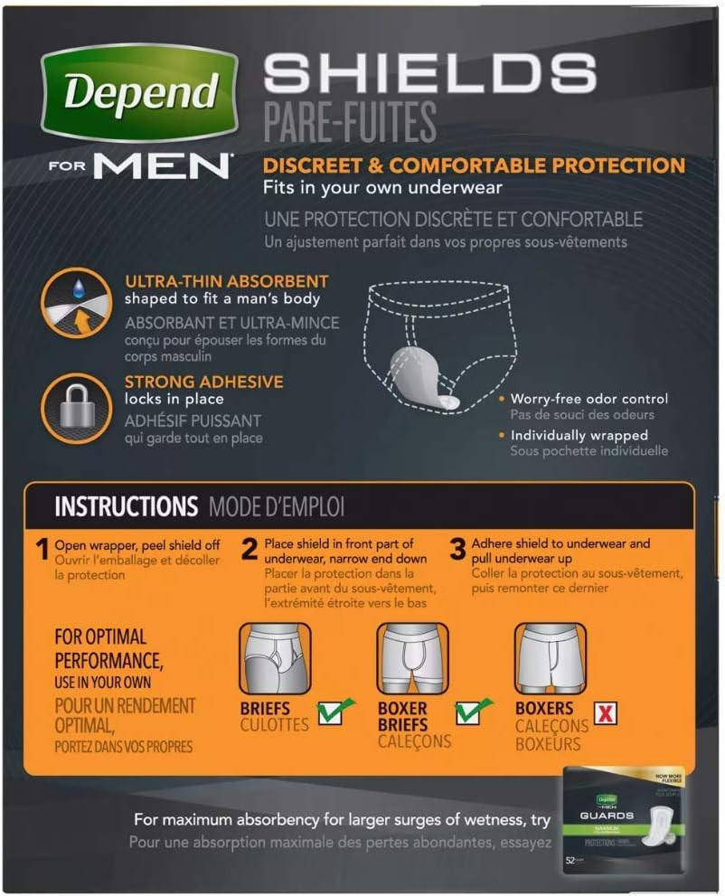 Depend Incontinence Shields for Men by Depend feature discreet, ultra-thin absorbent shields with strong adhesive for a secure fit in briefs or boxer briefs. Packaging includes product images and usage instructions.