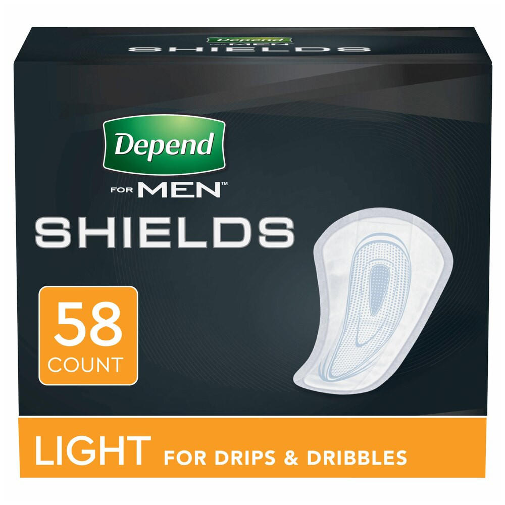 Depend Incontinence Shields for Men by Depend come in an orange box with 58 shields. The packaging features a shield-shaped pad image and the text Light for drips & dribbles on a dark background.