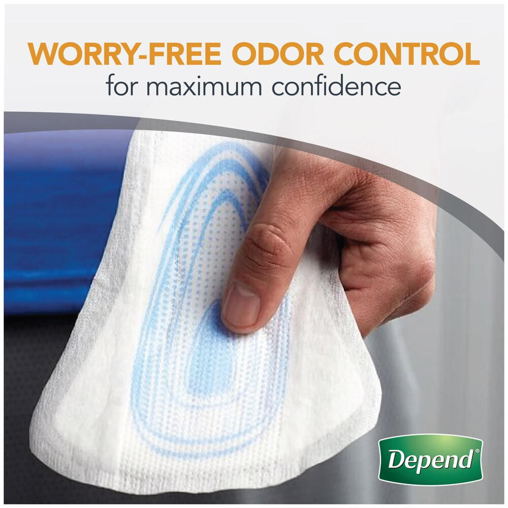 A hand holds Depend Incontinence Shields for Men, with text above reading “Worry-Free Odor Control for Maximum Confidence,” and the Depend logo in the bottom right corner.