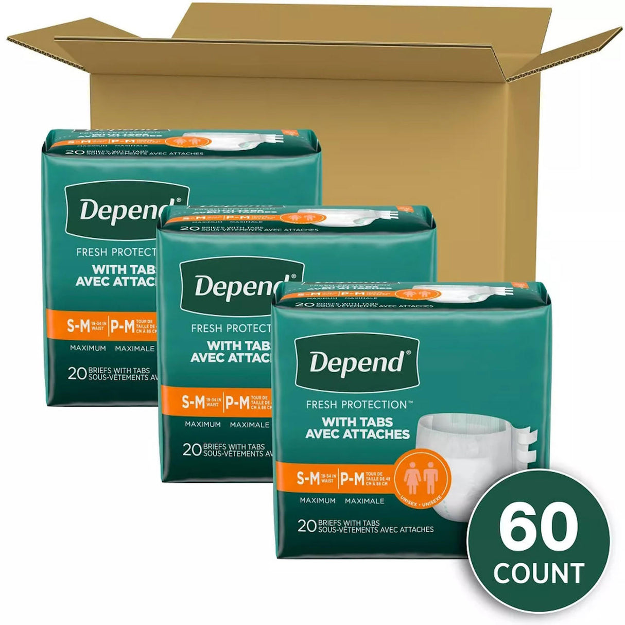 Three packs of Depend Maximum Protection Briefs with Tabs are displayed in front of an open box. Each pack contains 20 overnight briefs, totaling 60 Depend incontinence briefs as shown on the bottom right label.