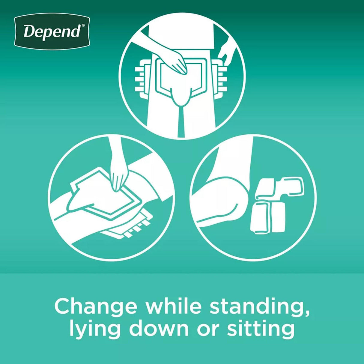 Three white icons on a teal background show a person changing Depend Maximum Protection Briefs with Tabs while standing, lying down, or sitting. The Depend logo is in the top left corner. Text: Change while standing, lying down or sitting.