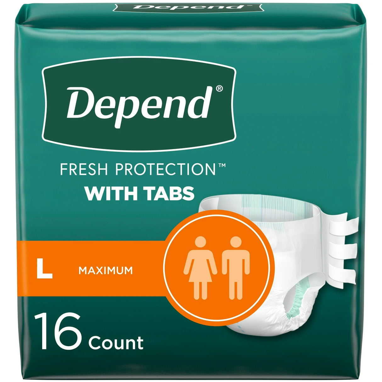 Depend Maximum Protection Briefs with Tabs, size large, 16 count. The green Depend package shows a man and woman icon—ideal for overnight incontinence and daily confidence.