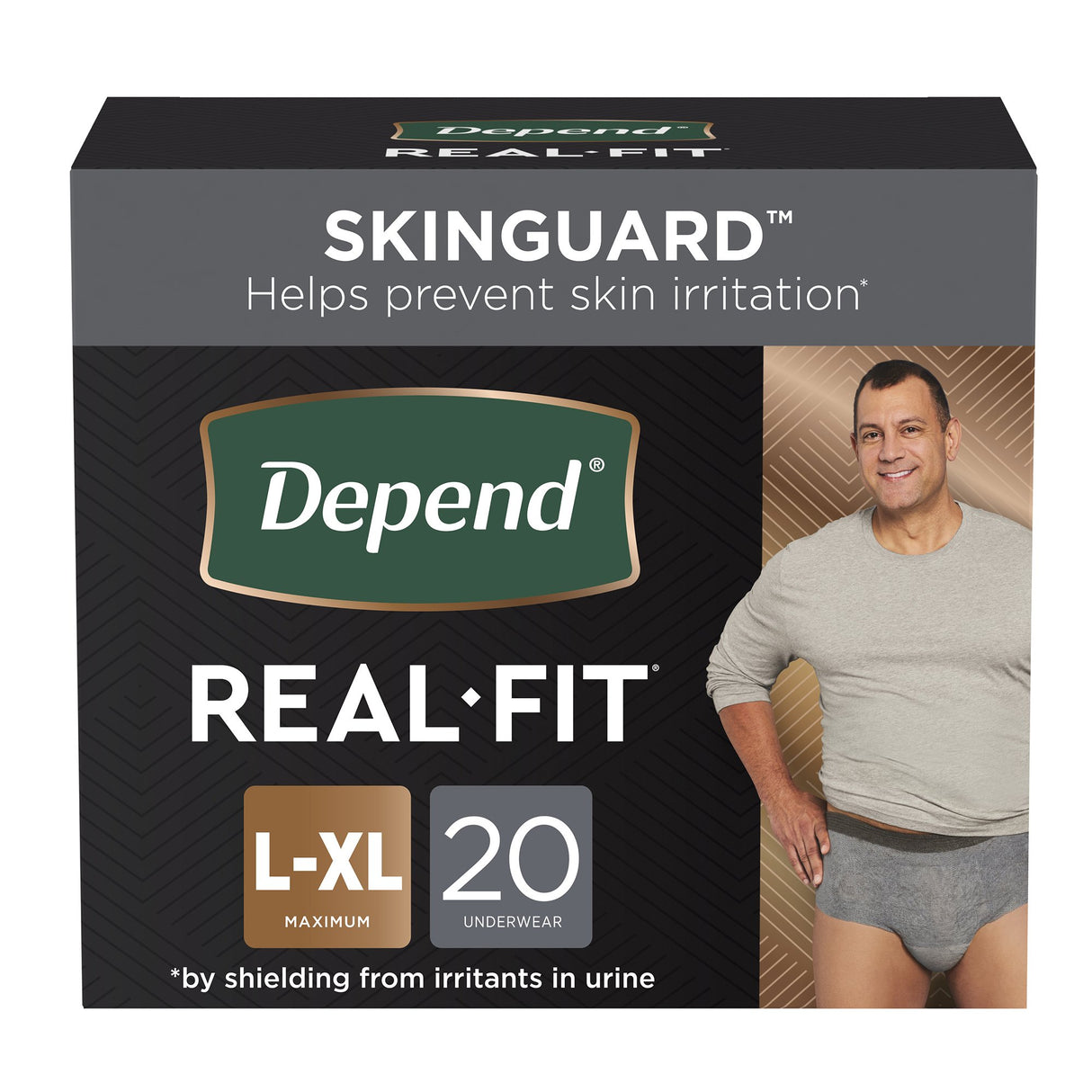 Depend Mens Real Fit Absorbent Underwear, Maximum, size L-XL, 20 ct. Packaging features SKINGUARD for skin protection. Image shows a smiling man in a gray shirt and incontinence underwear.