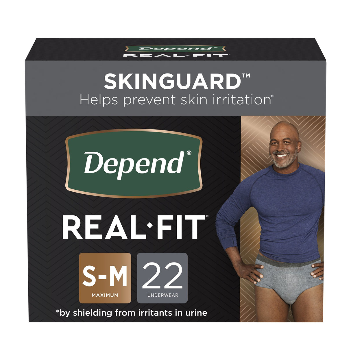 The image displays a box of Depend Mens Real Fit Absorbent Underwear, Maximum, size S-M (22 count). The packaging shows a smiling man in a blue shirt and highlights SKINGUARD for skin irritation prevention.