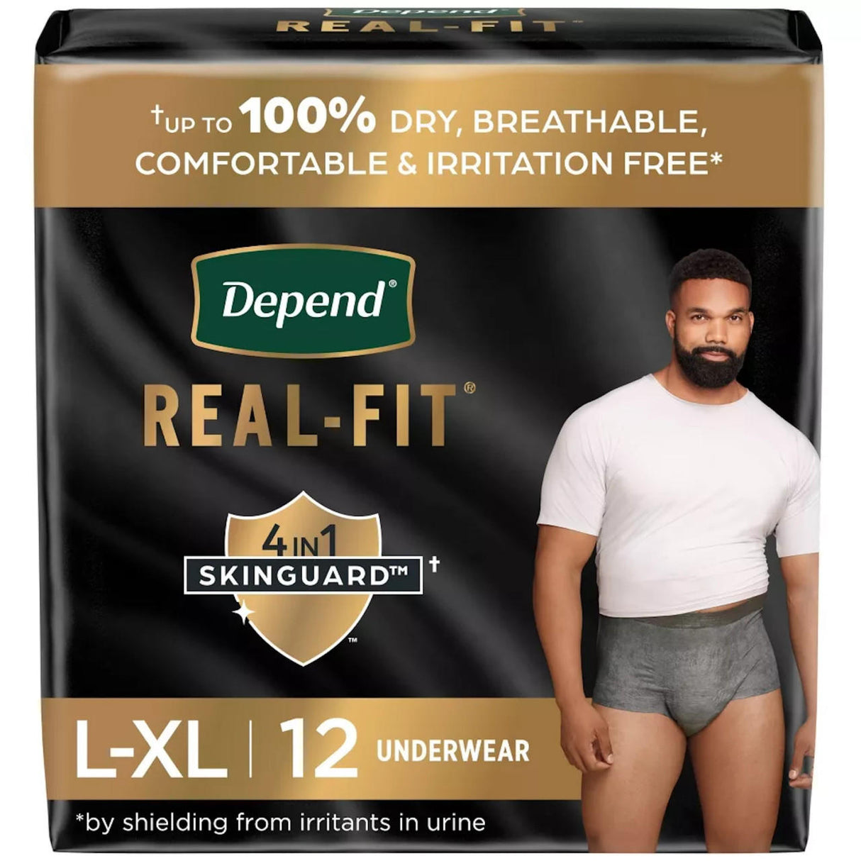 Depend Mens Real Fit Absorbent Underwear, Maximum, L-XL, 12 count. The package features a man in a white T-shirt and gray underwear, emphasizing dryness, comfort, and irritation protection. Brand: Depend.