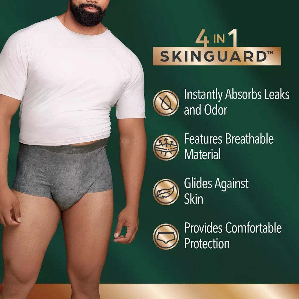 A man in a white t-shirt and gray Depend Mens Real Fit Absorbent Underwear, Maximum, stands beside text listing its 4-in-1 features: absorbs leaks, breathable material, glides against skin, and offers comfortable protection.