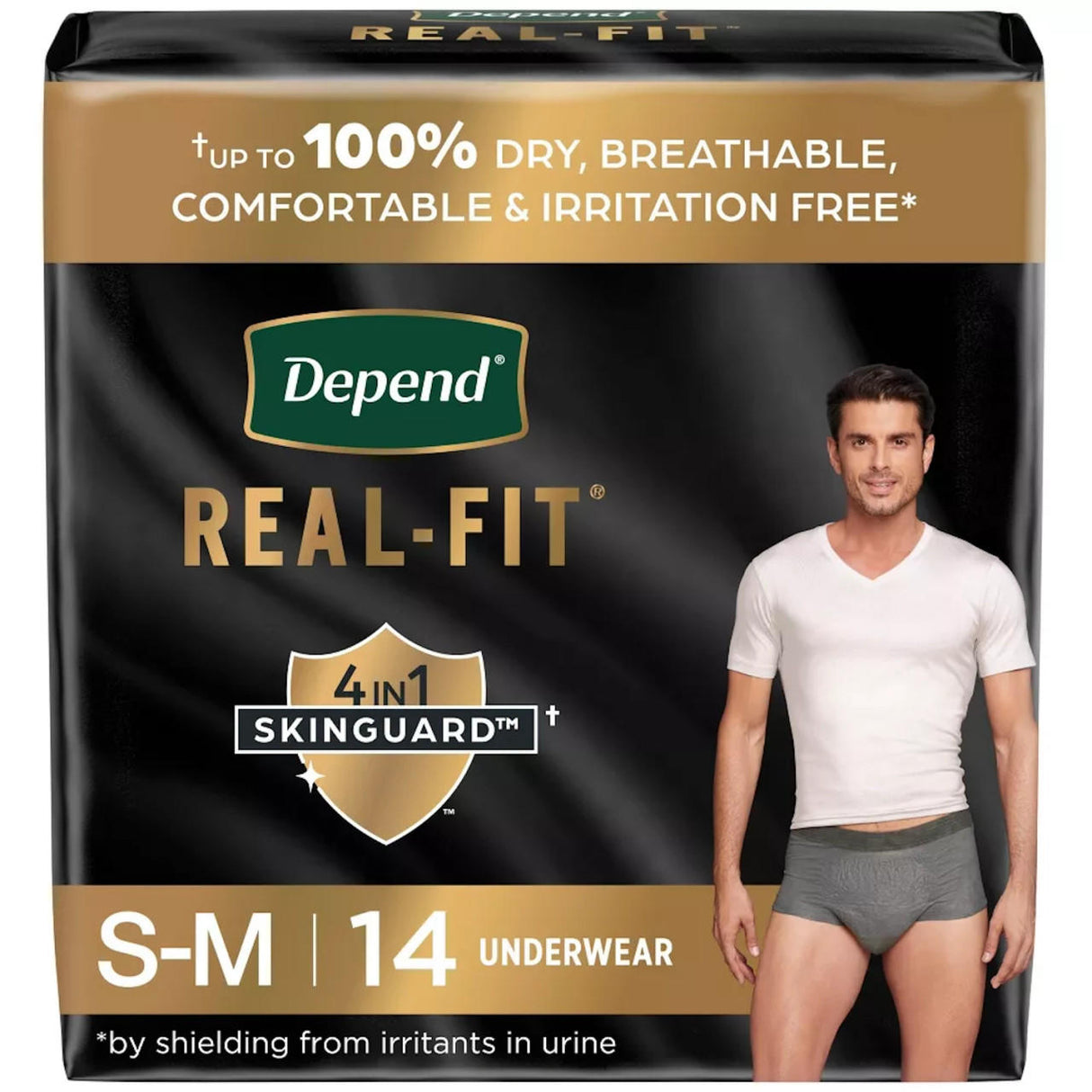 Depend Mens Real Fit Absorbent Underwear, Maximum, size S-M, 14 count, offers 100% dry comfort, breathable and irritation-free wear with 4-in-1 Skinguard. Packaging shows a man in white shirt and gray underwear.