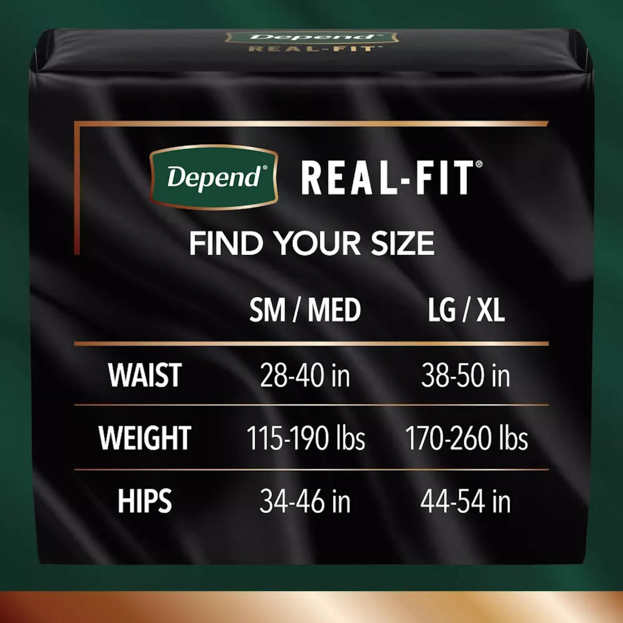 Depend Men’s Real Fit Absorbent Underwear, Maximum: SM/MED fits waist 28-40 in, 115-190 lbs, hips 34-46 in; LG/XL fits waist 38-50 in, 170-260 lbs, hips 44-54 in—ideal for men’s incontinence needs.