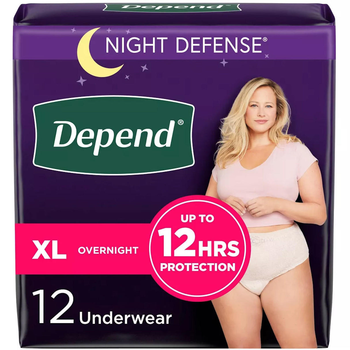 Depend Night Defense Overnight Underwear for Women by Depend, sold in a pack of 12, features a woman in a light pink shirt on purple packaging. Highlights include heavy absorbency and up to 12 hours of protection for overnight use.