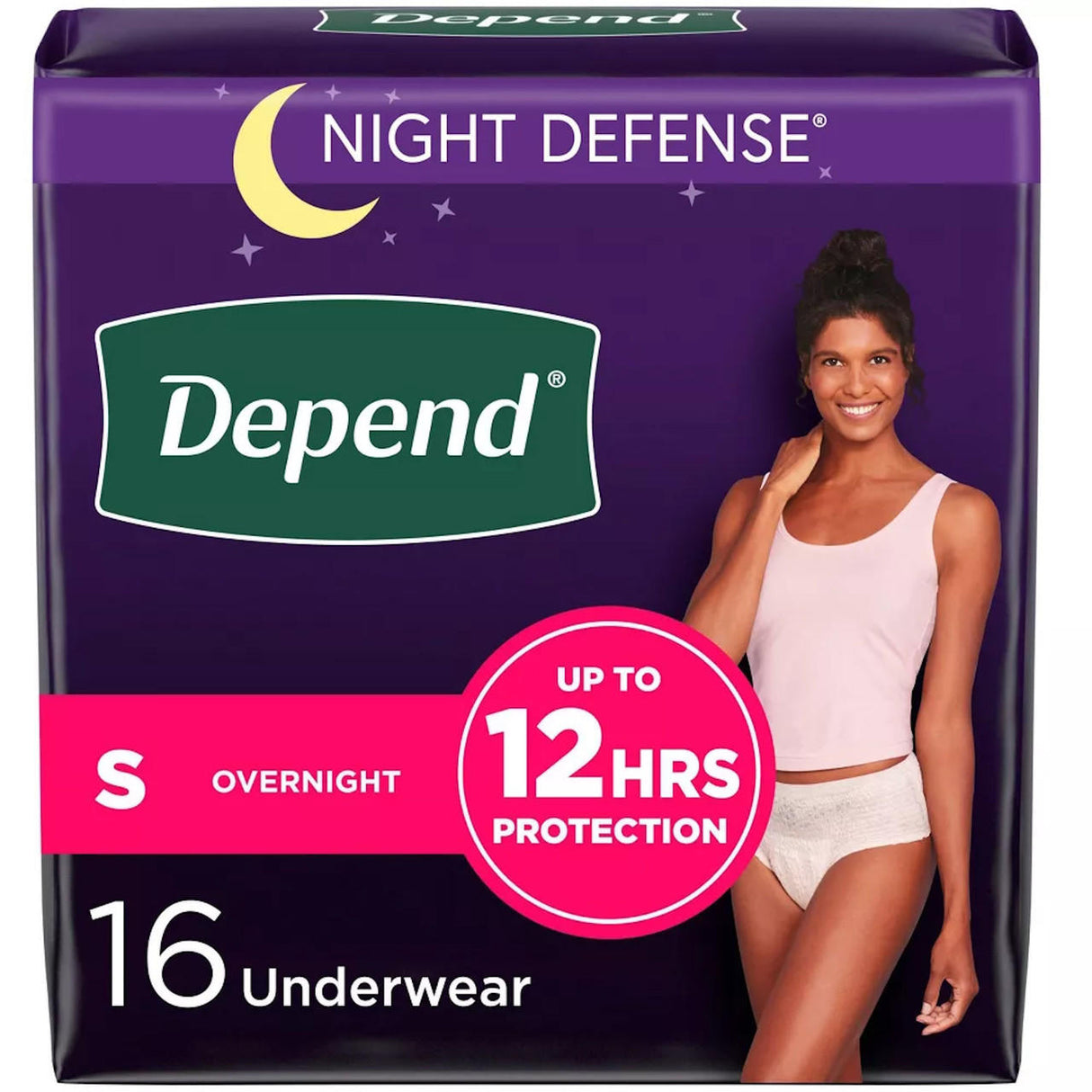 Depend Night Defense Overnight Underwear for Women, by Depend, offers heavy absorbency and up to 12 hours of overnight protection in size S, 16 count. The packaging shows a smiling woman in a tank top and underwear.