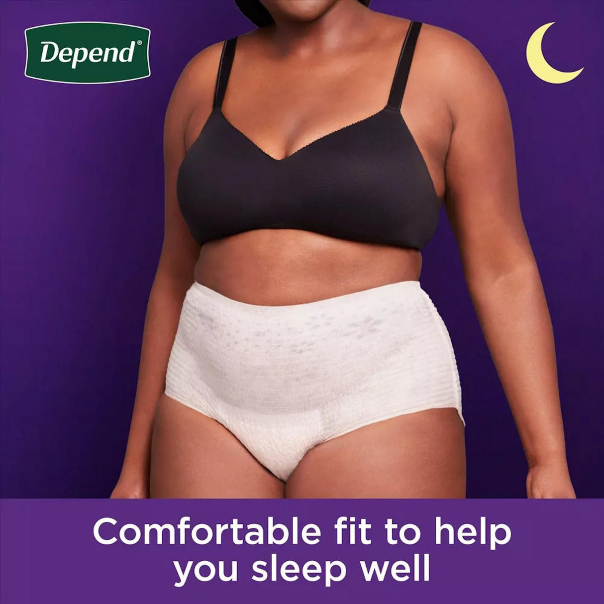 A woman in a black bra and Depend Night Defense Overnight Underwear for Women stands against a purple backdrop with a crescent moon and the Depend logo. Text: Comfortable fit and heavy absorbency for restful sleep.