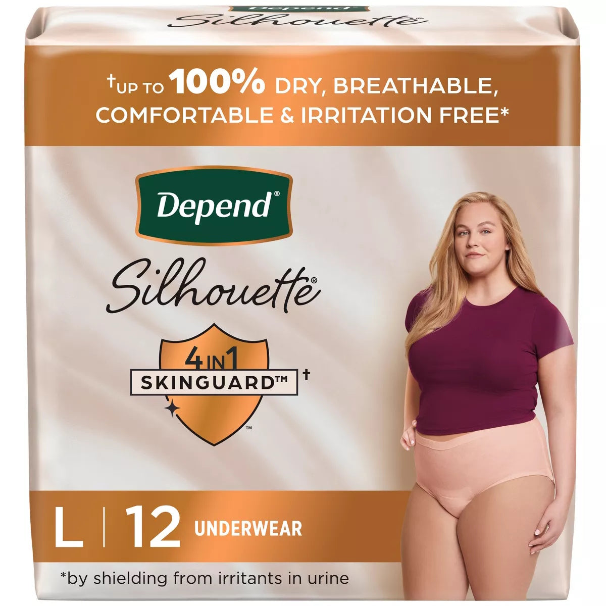 Depend Womens Silhouette Incontinence Underwear, size L, 12-pack. The package shows a woman in a maroon shirt and beige underwear, highlights heavy absorbency benefits, and features the Depend brand.