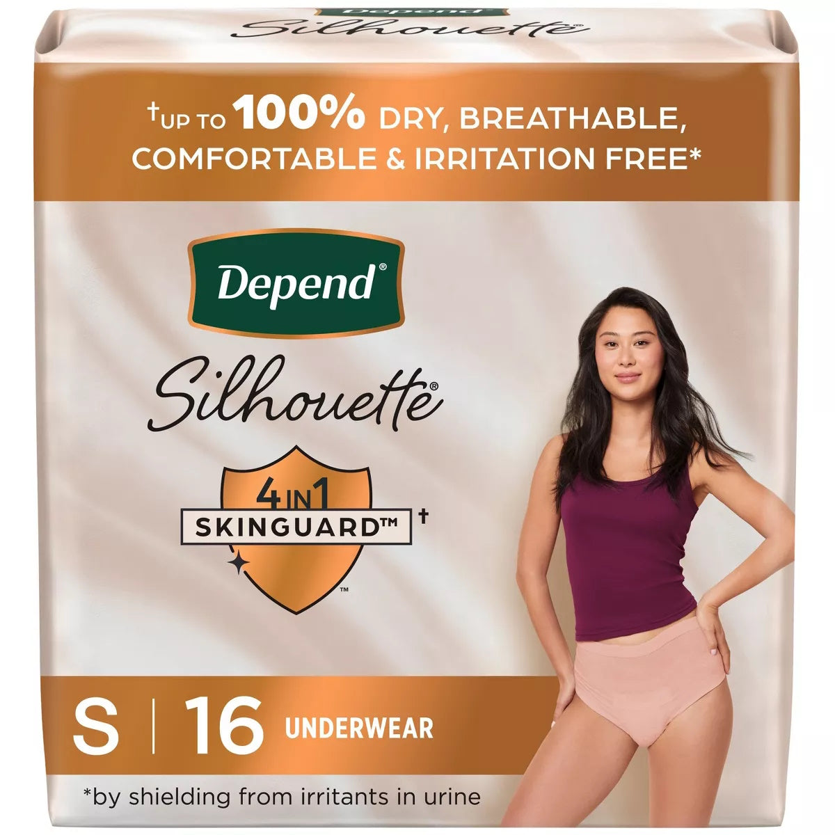 Front of a Depend Womens Silhouette Incontinence Underwear package with a woman in a burgundy top and beige underwear. Highlights: 4-in-1 Skinguard, heavy absorbency, for women, 16 count, small size, promotes dryness and comfort.