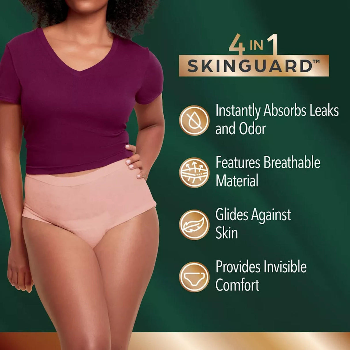 A woman in a magenta top and beige underwear stands by text listing Depend Women’s Silhouette Incontinence Underwear’s 4-in-1 SKINGUARD: heavy absorbency, odor control, breathable material, and invisible comfort.