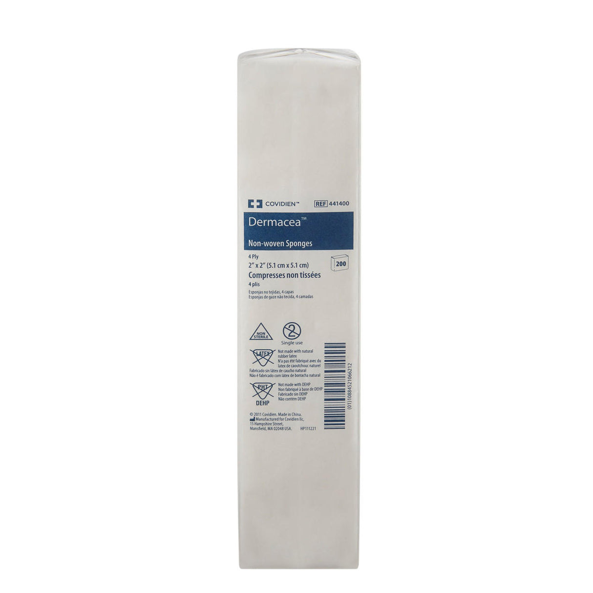 A white plastic package of Covidien Dermacea Non-Sterile Non-Woven Sponge, 4-ply square, 4 x 4 inches, 200 count. The pack displays product info, safety symbols, and the Covidien logo in blue. Cost-effective and highly absorbent dressings.
