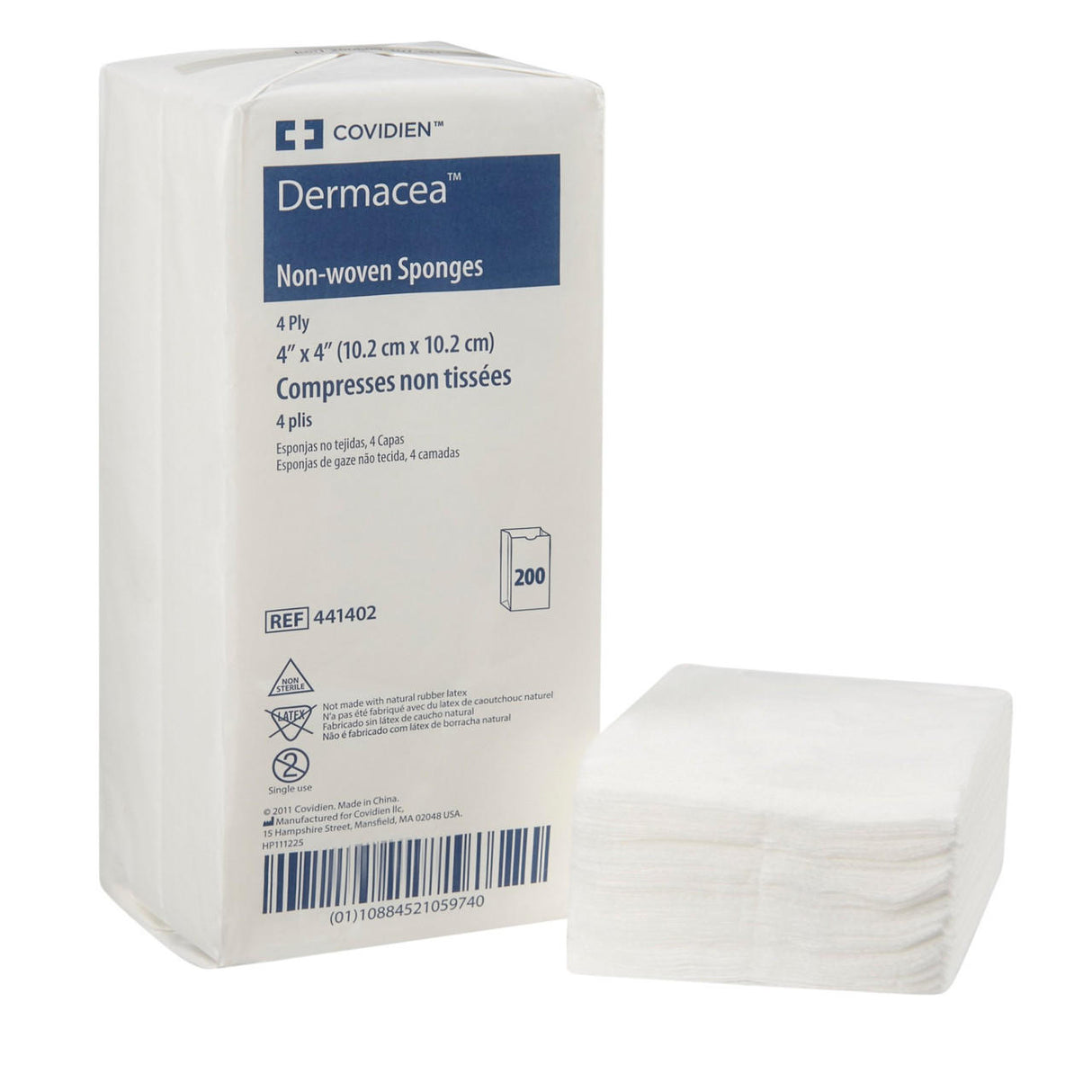 A package of Covidien Dermacea Non-Sterile Non-Woven Sponge, 4-ply square, sits beside a stack of these cost-effective, highly absorbent dressings. Its blue and white label clearly shows the product name and details.