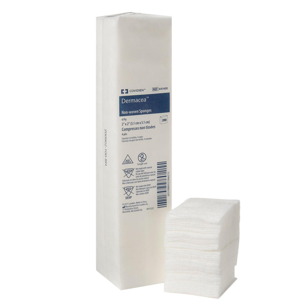 A tall white package labeled Covidien Dermacea Non-Sterile Non-Woven Sponge, 4-Ply Square stands upright beside a stack of white, square sponges. The label features blue and black product details for this cost-effective, highly absorbent dressing.