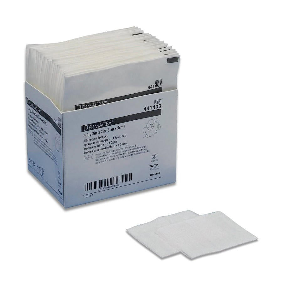 A box of Covidien Dermacea Sterile Non-Woven Sponge, 4-Ply Square (2x2) is shown with several individual packets inside; two absorbent gauze pads are displayed in front of the box.