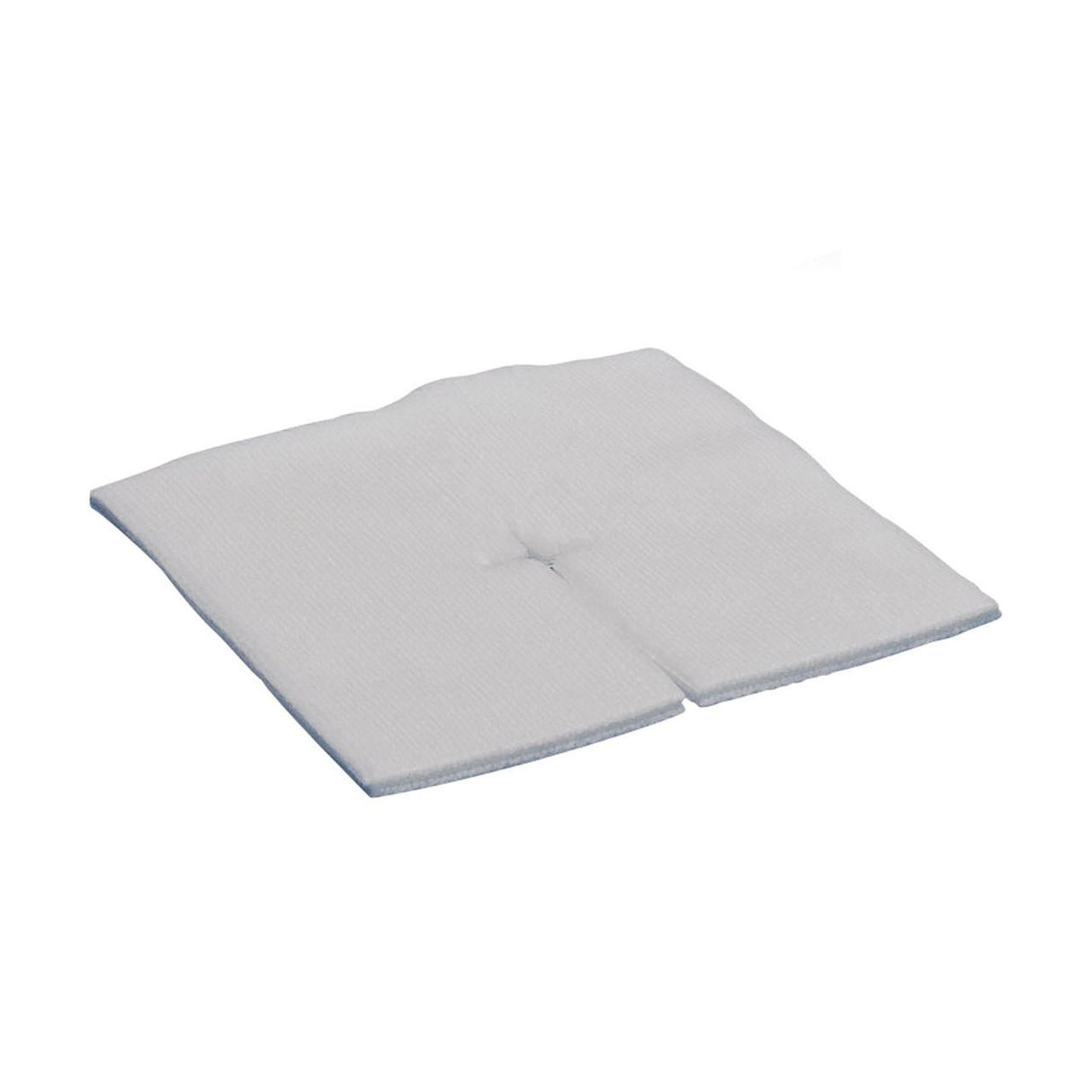 The Covidien Dermacea Sterile Non-Woven Sponge, 6-ply square, is a white absorbent wound dressing with a precut T-slit and central opening, designed to fit securely around tubes or catheters.