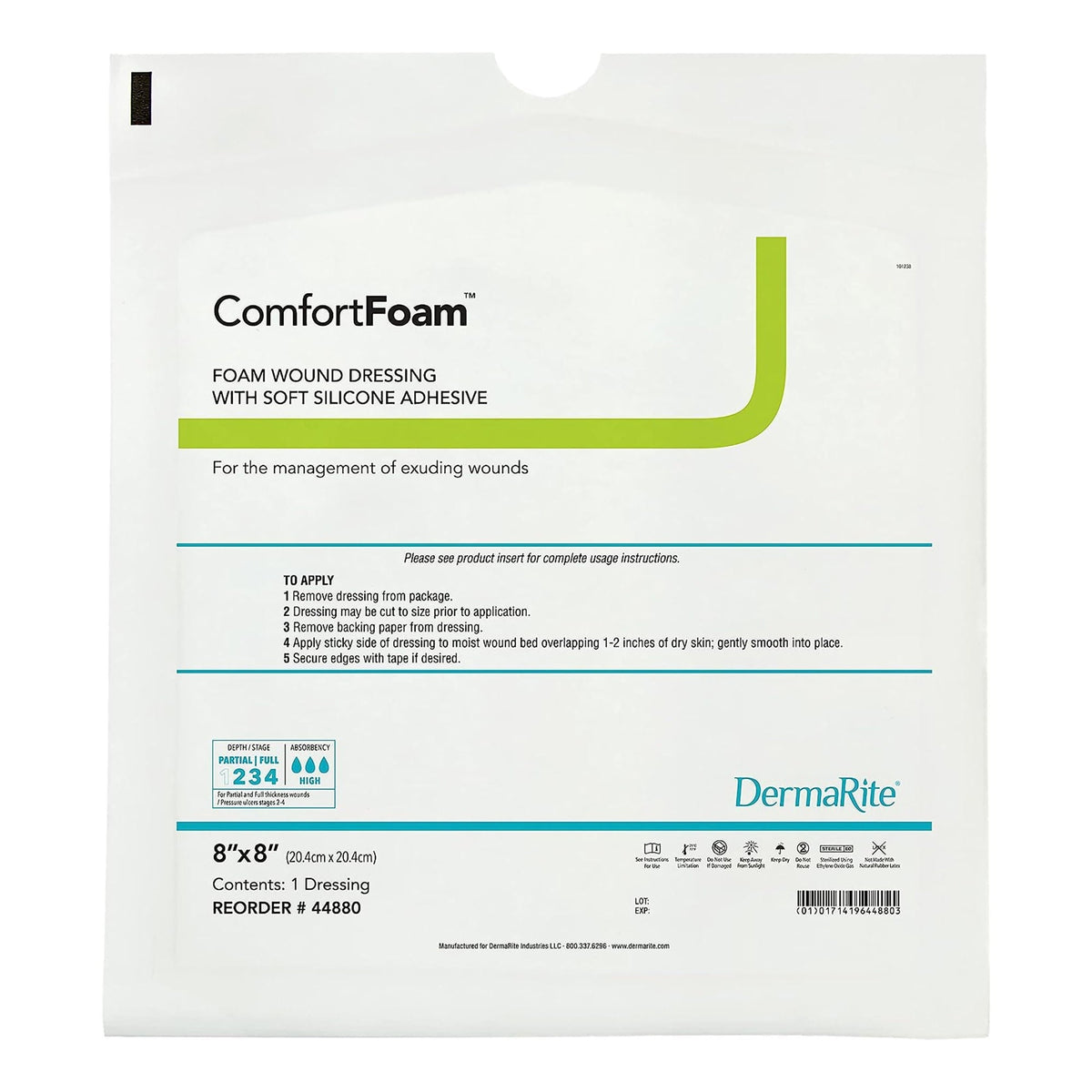 DermaRite ComfortFoam Foam Dressing 8" x 8", single package front