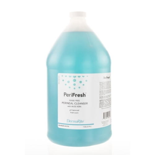 Dermarite PeriFresh Rinse-Free Perineal Cleanser, 1 gallon, is ideal for incontinence care. This blue liquid cleanser comes in a large bottle with a white label featuring product details and the Dermarite brand.
