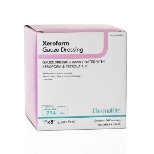 A box of Dermarite Xeroform Petrolatum Gauze Dressing, 1 x 8 inch, sterile, includes 50 nonadherent dressings. Packaging is mainly white with purple and teal accents and designed to maintain a moist wound environment.