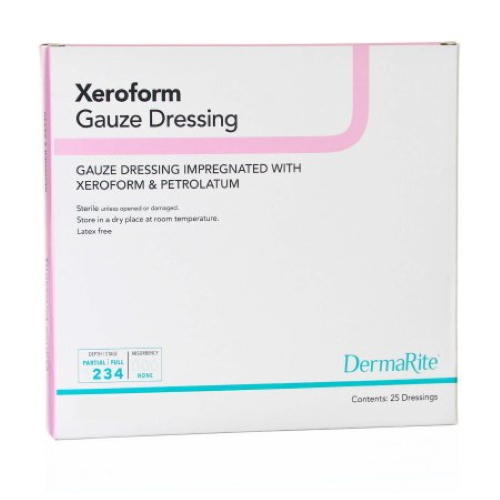A box of DermaRite Xeroform Petrolatum Gauze Dressing, 2 x 2 Inch, Sterile by Dermarite. Contains 25 nonadherent dressings to maintain a moist wound environment. Box is mostly white with pink and blue accents.