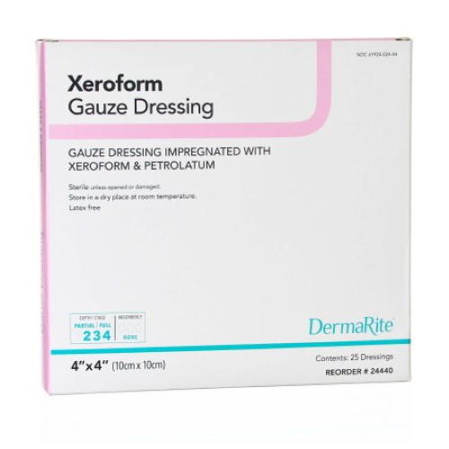 A box of DermaRite Xeroform Petrolatum Gauze Dressing, 4 x 4 inch, sterile, by Dermarite contains 25 nonadherent dressings in white packaging with pink and blue accents and product details on the front.