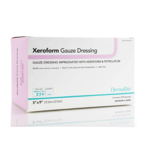 A white box labeled DermaRite Xeroform Petrolatum Gauze Dressing, 5 x 9 Inch, Sterile contains 50 nonadherent, petrolatum-impregnated dressings by Dermarite to help maintain a moist wound environment.