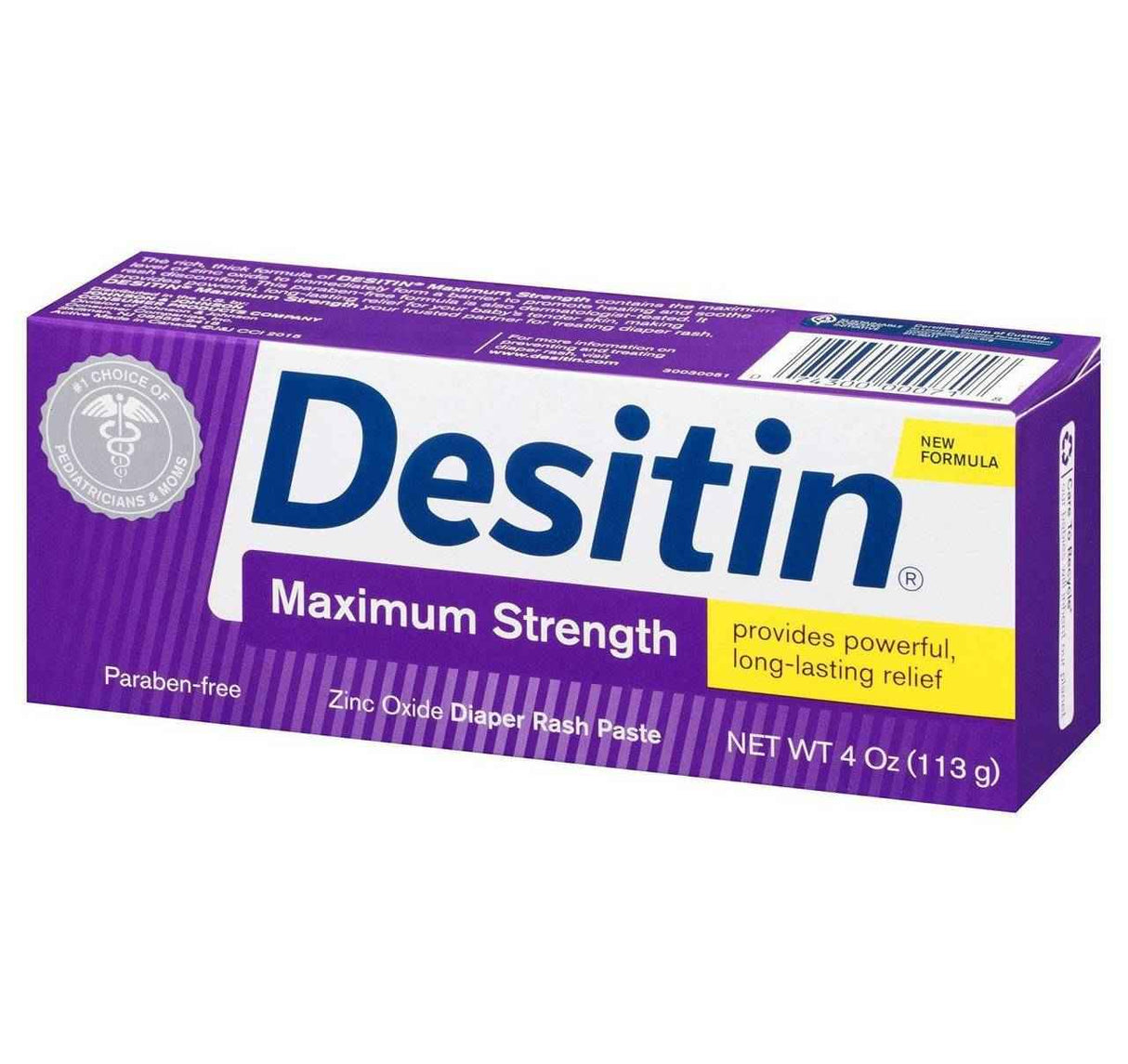 A purple box of Desitin Maximum Strength Original Paste, 4 oz (113 g), labeled as paraben-free with zinc oxide, features text about powerful, long-lasting diaper rash relief and a new formula badge.