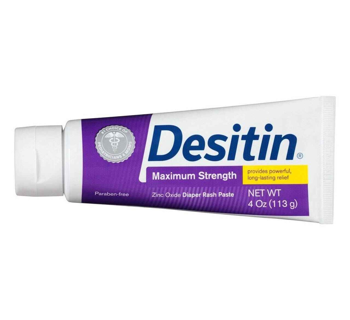 A 4 oz (113 g) tube of Desitin Maximum Strength Original Paste with a purple and white label displays the Desitin brand and product details, offering effective diaper rash relief.