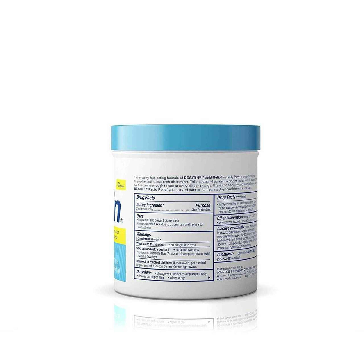 A white Desitin Rapid Relief Diaper Rash Cream container with a light blue lid and printed drug facts is shown on a plain white background—ideal for sensitive skin.
