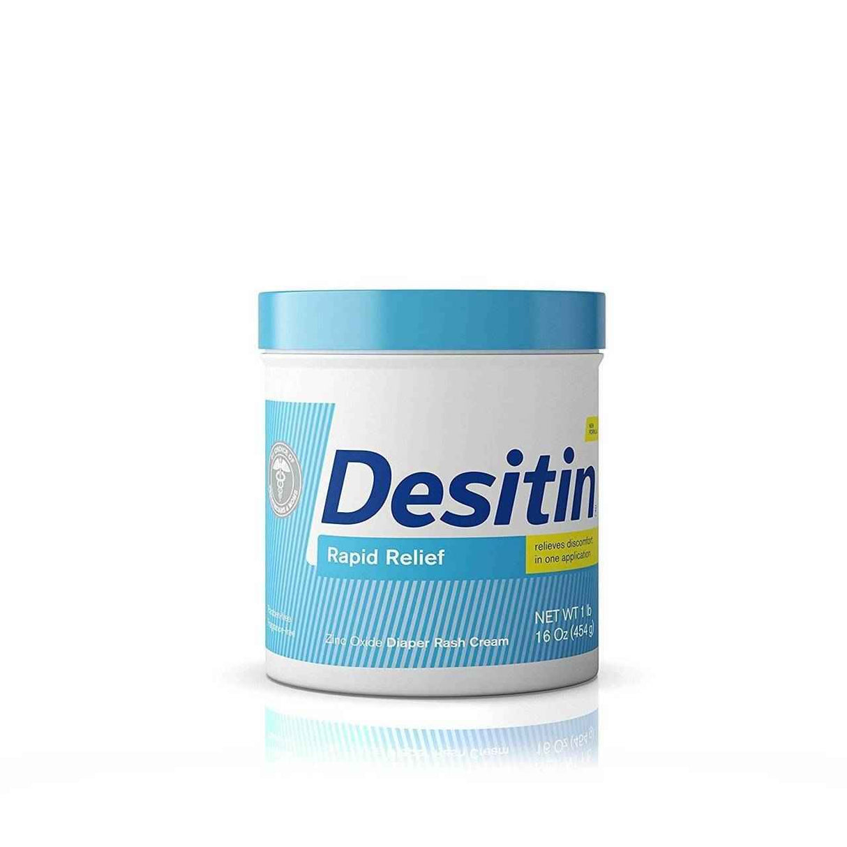 A white container of Desitin Rapid Relief Diaper Rash Cream with a blue lid and label, featuring the product name and net weight of 1 lb (16 oz/454 g), suitable for sensitive skin, is shown on a plain white background.