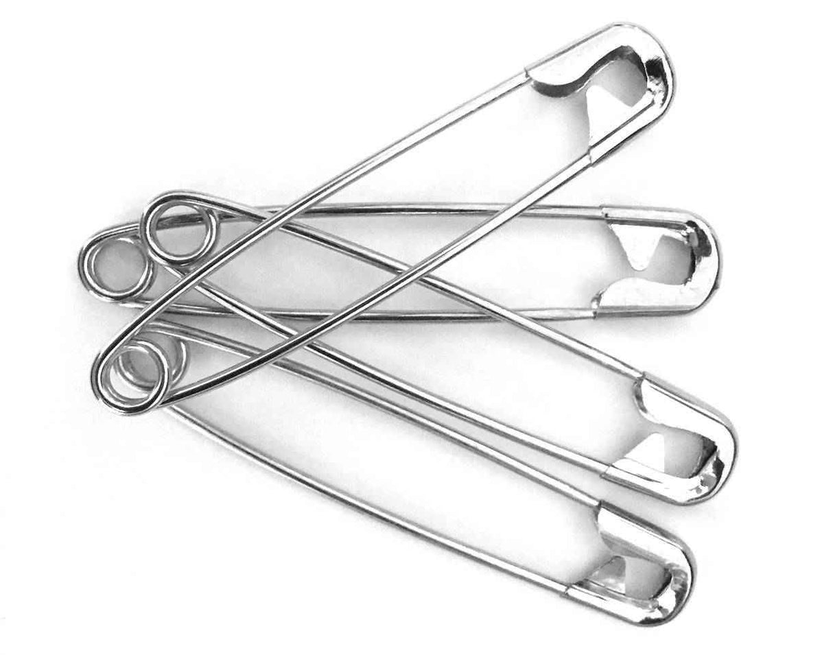 Three LL Medico Diaper Pins - 3 Safety Pins for Adult Cloth Diapers overlap diagonally on a white background, showcasing their pointed tips and secure clasps—ideal for fastening adult cloth diapers safely.