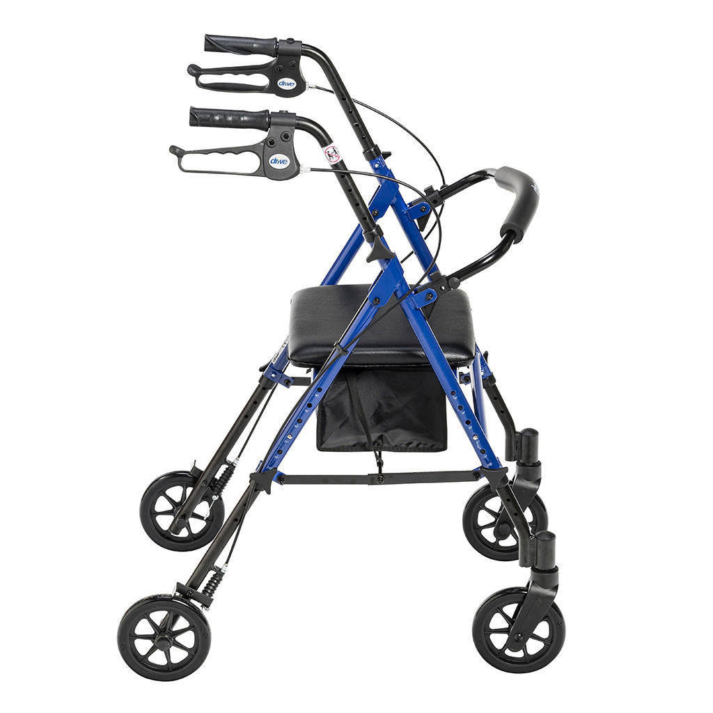 The Drive Adjustable Height Rollator by Drive is shown from a side view in blue, featuring four wheels, ergonomic hand brakes, a cushioned seat with adjustable height, a padded backrest, and a storage pouch under the seat.