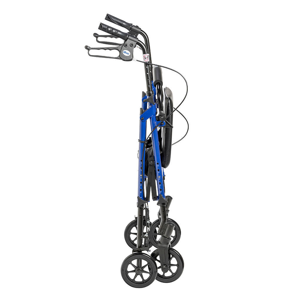 The Drive Adjustable Height Rollator by Drive, in blue, folds compactly for storage or transport and features ergonomic handles, four wheels, hand brakes, adjustable seat height, and a padded backrest.