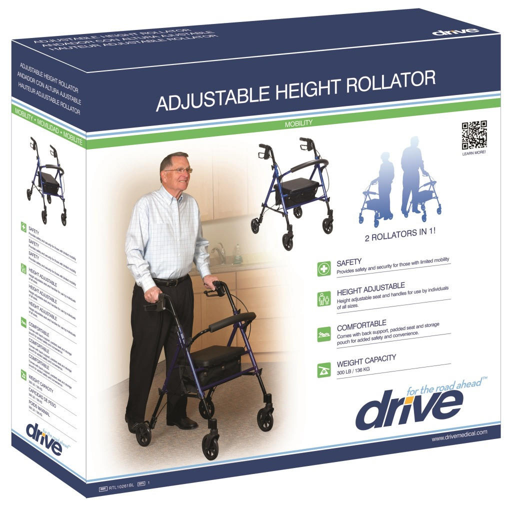 A Drive Adjustable Height Rollator, Blue product box shows an older man using the walker and highlights features like ergonomic handles, padded backrest, safety, comfort, and a 300 lb weight capacity. Brand: Drive.